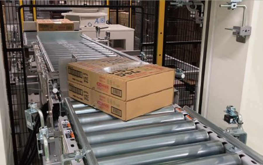 Unicon V's conveyor line converts and supplies boxed products to the robot palletizer (back)